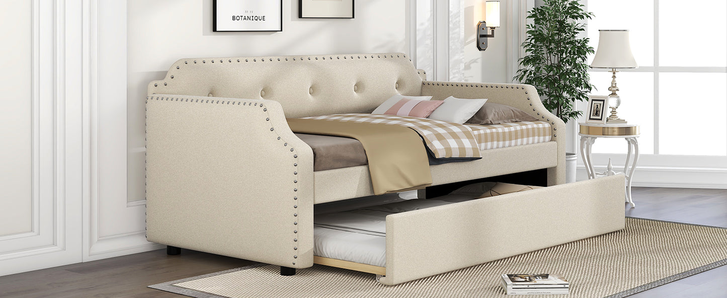 Upholstered Daybed with Trundle, Wood Slat Support,Upholstered Frame Sofa Bed, Twin, Beige image 6