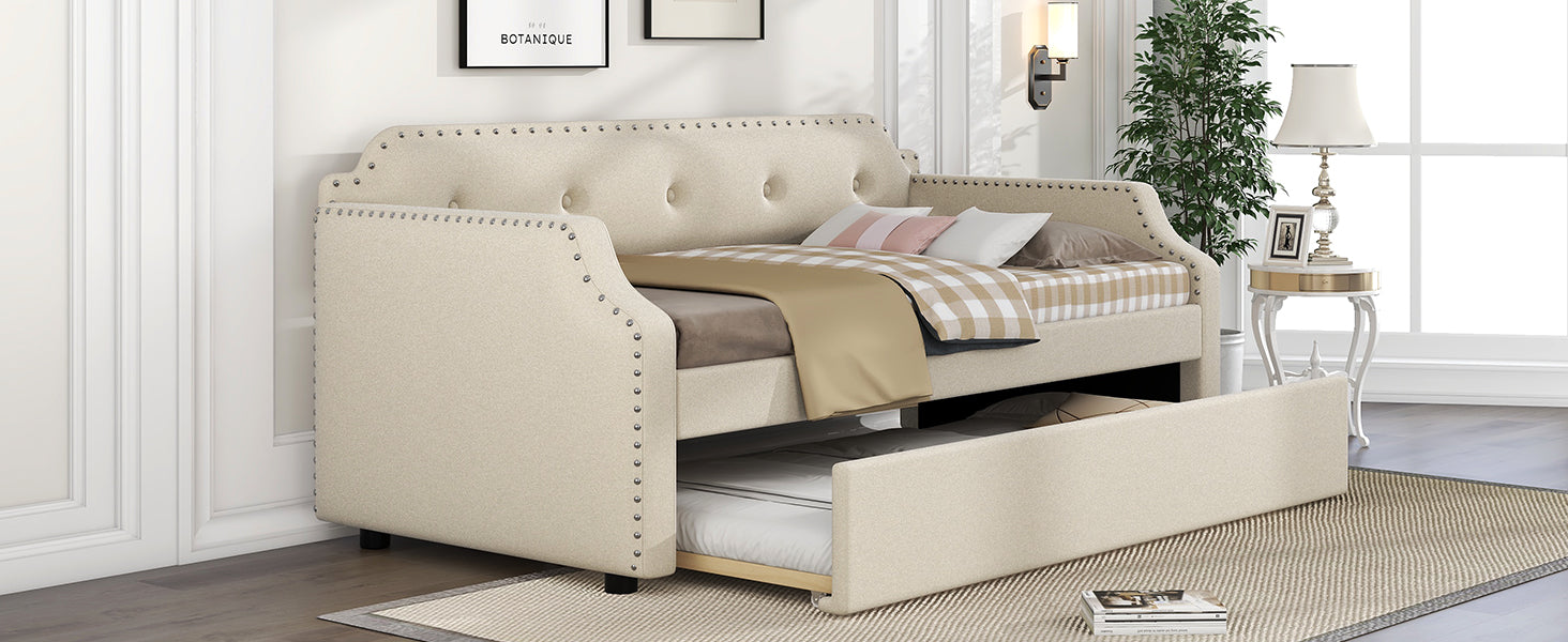 Upholstered Daybed with Trundle, Wood Slat Support,Upholstered Frame Sofa Bed, Twin, Beige image 6
