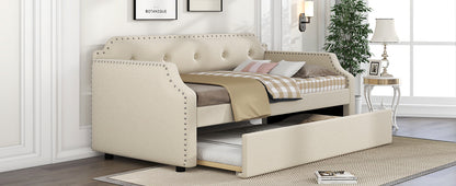 Upholstered Daybed with Trundle, Wood Slat Support,Upholstered Frame Sofa Bed, Twin, Beige image 6