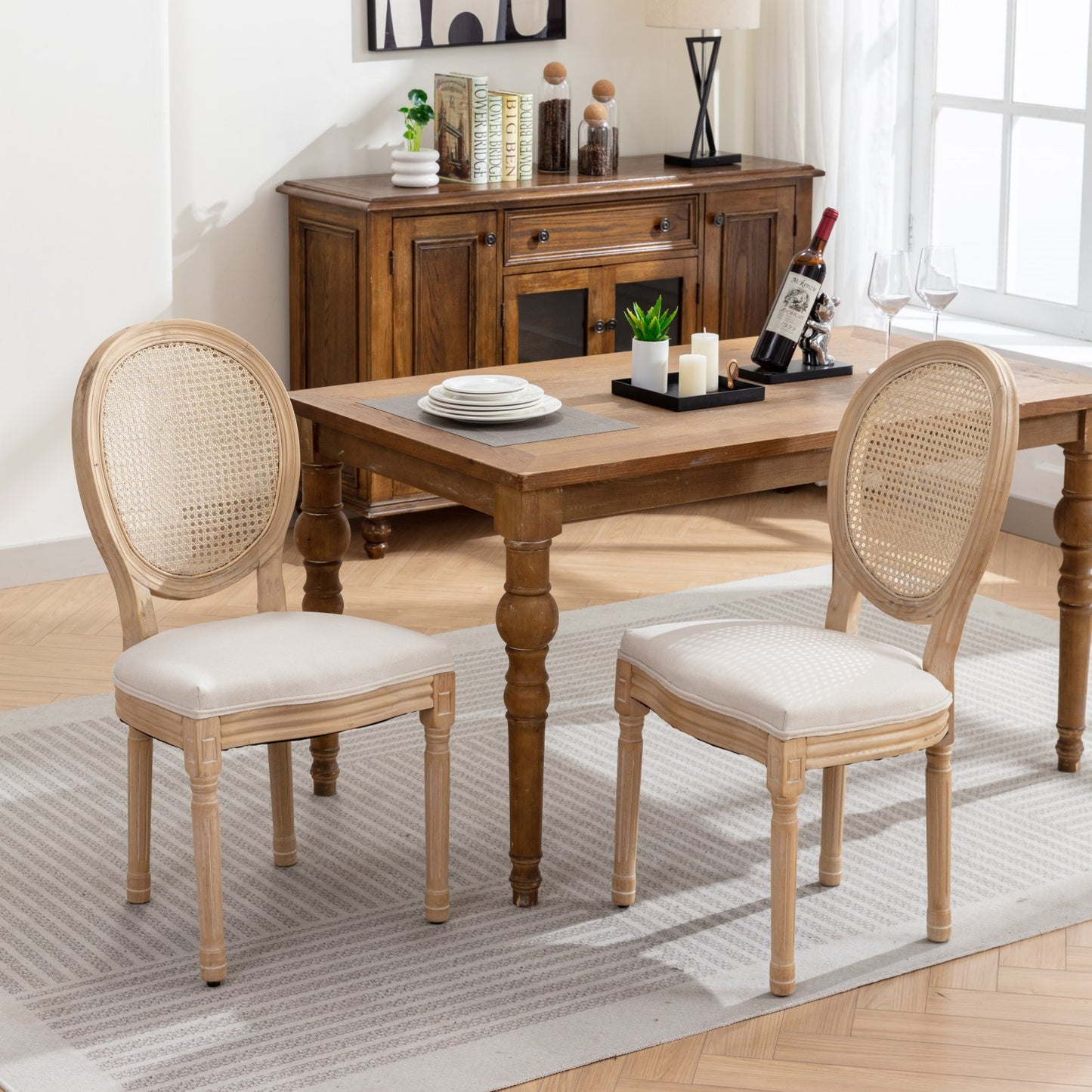 A&A Furniture,French Style Solid Wood Frame Antique Painting Linen Fabric Rattan Back Dining Chair,Set of 2,Cream,Beige image 1