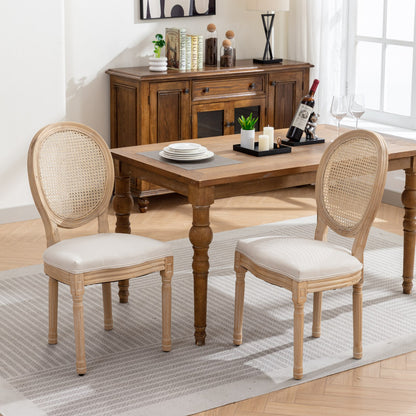 A&A Furniture,French Style Solid Wood Frame Antique Painting Linen Fabric Rattan Back Dining Chair,Set of 2,Cream,Beige image 1