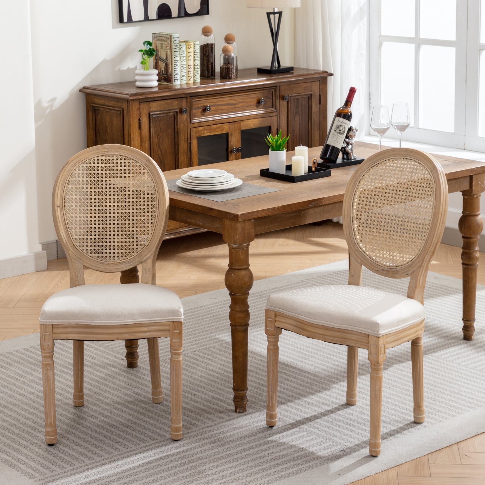 A&A Furniture,French Style Solid Wood Frame Antique Painting Linen Fabric Rattan Back Dining Chair,Set of 2,Cream,Beige image 11