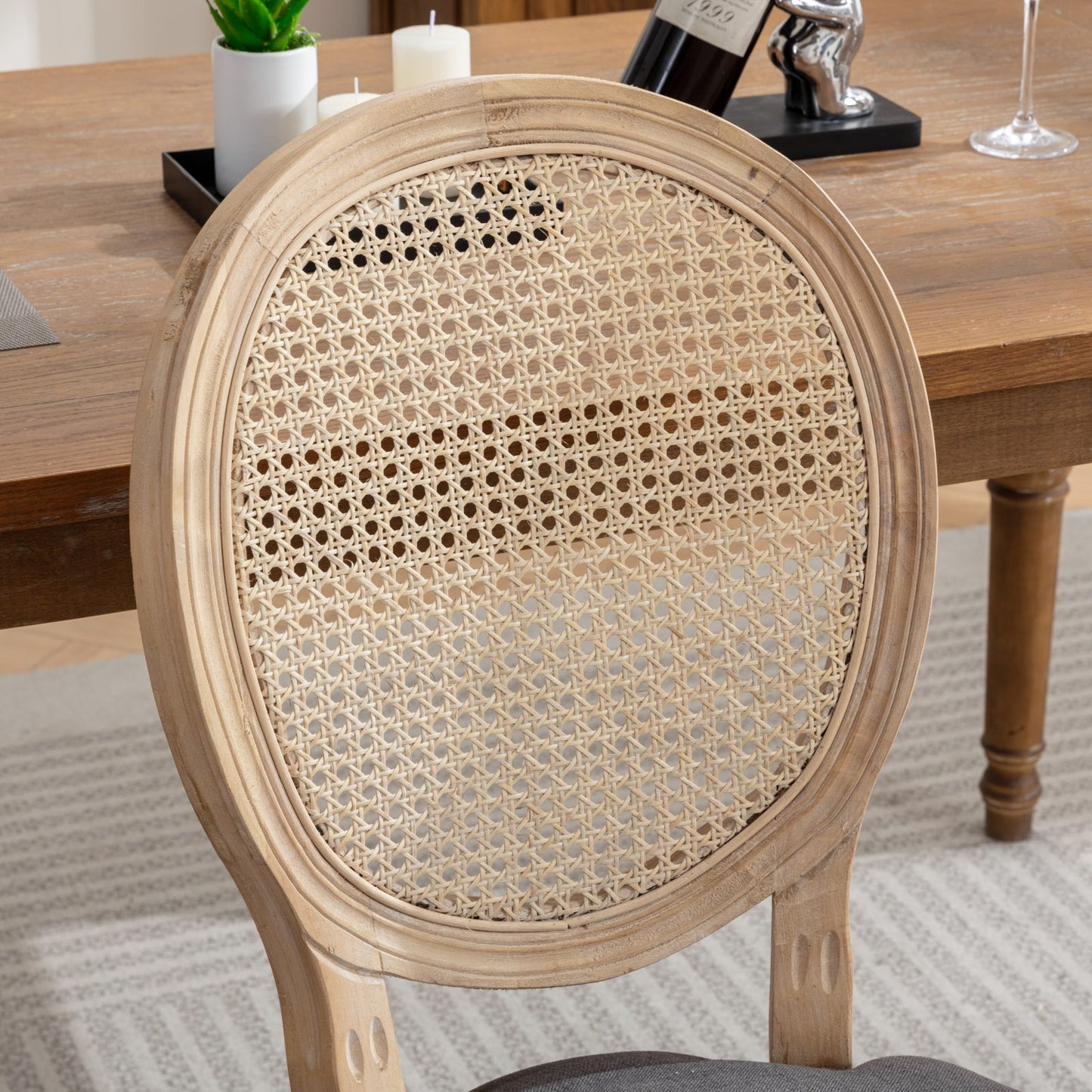 A&A Furniture,French Style Solid Wood Frame Antique Painting Linen Fabric Rattan Back Dining Chair,Set of 2,Cream,Beige image 8