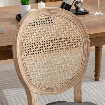 A&A Furniture,French Style Solid Wood Frame Antique Painting Linen Fabric Rattan Back Dining Chair,Set of 2,Cream,Beige image 8