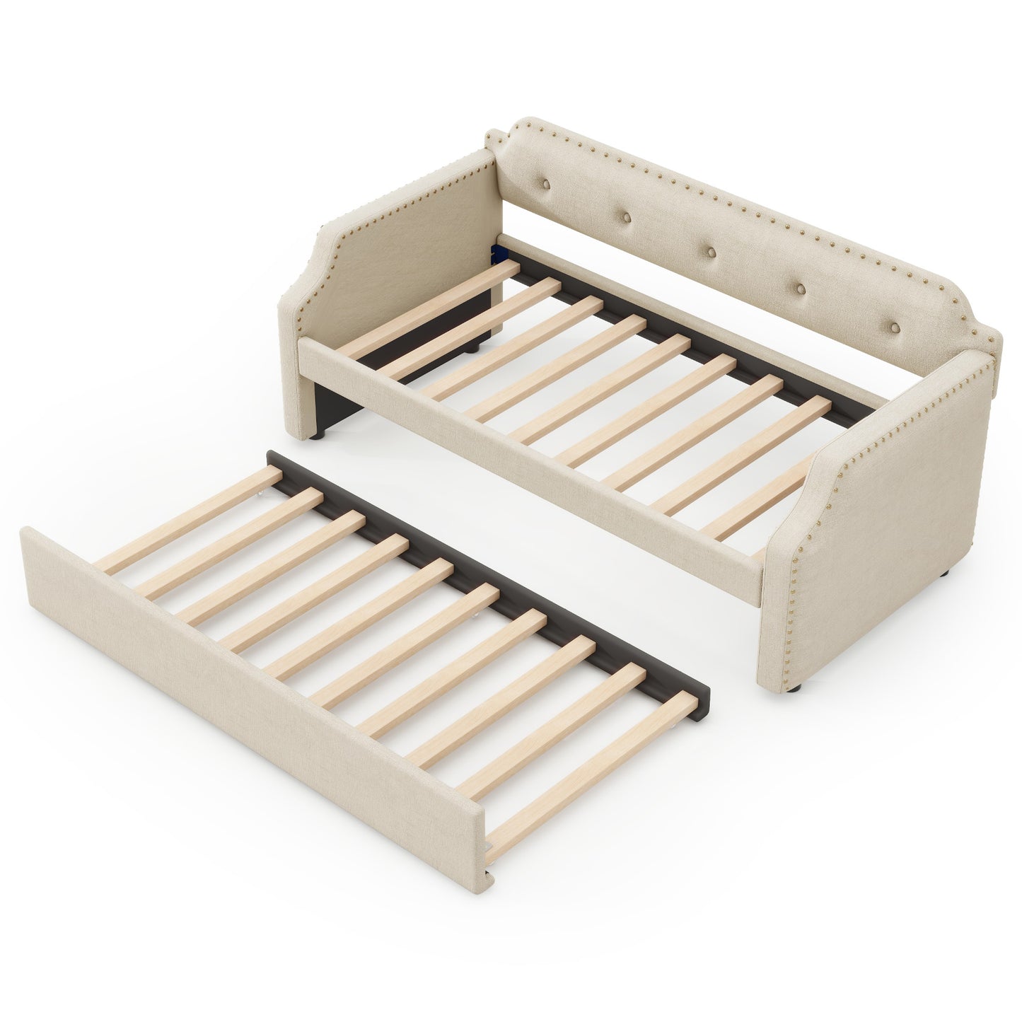 Upholstered Daybed with Trundle, Wood Slat Support,Upholstered Frame Sofa Bed, Twin, Beige image 10