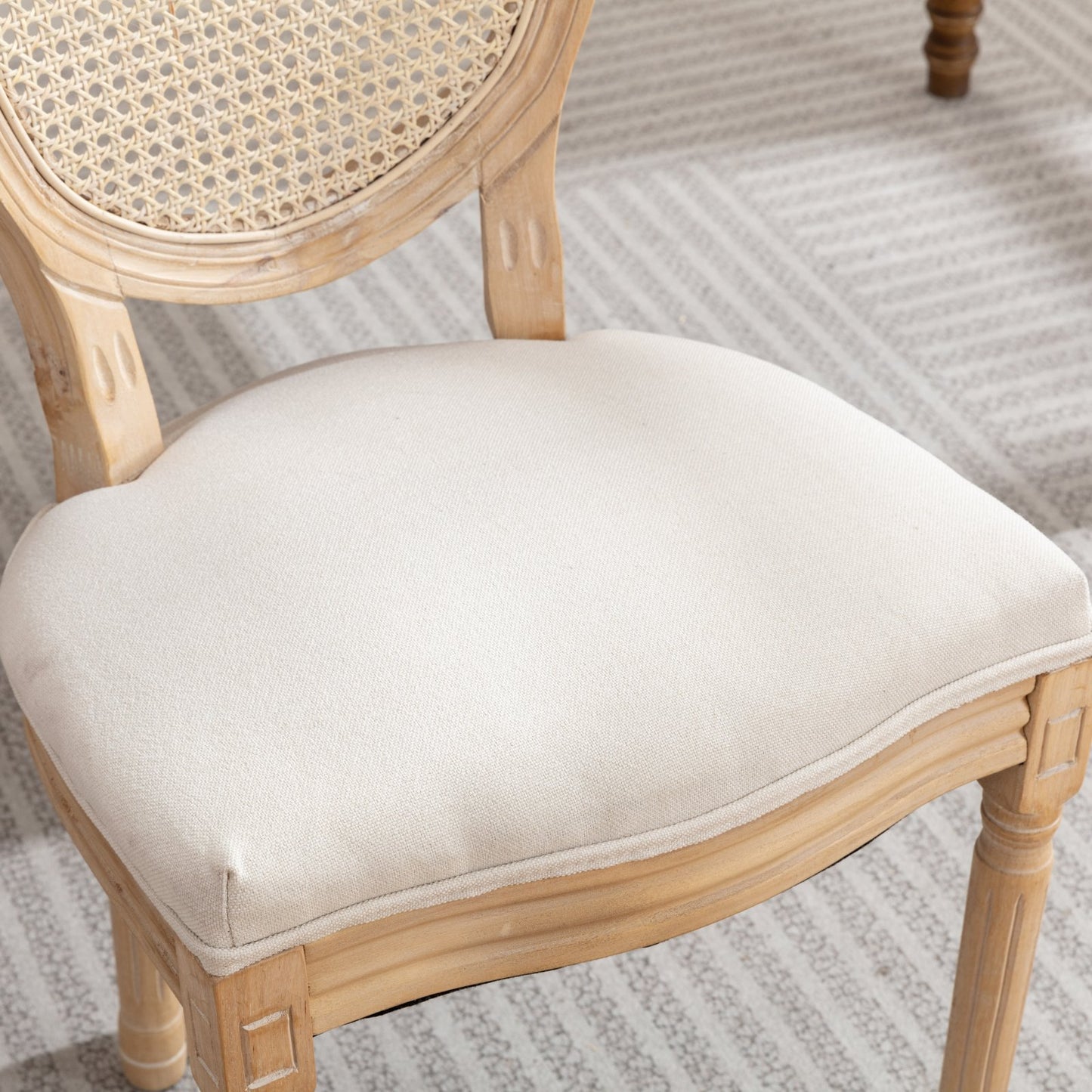 A&A Furniture,French Style Solid Wood Frame Antique Painting Linen Fabric Rattan Back Dining Chair,Set of 2,Cream,Beige image 9