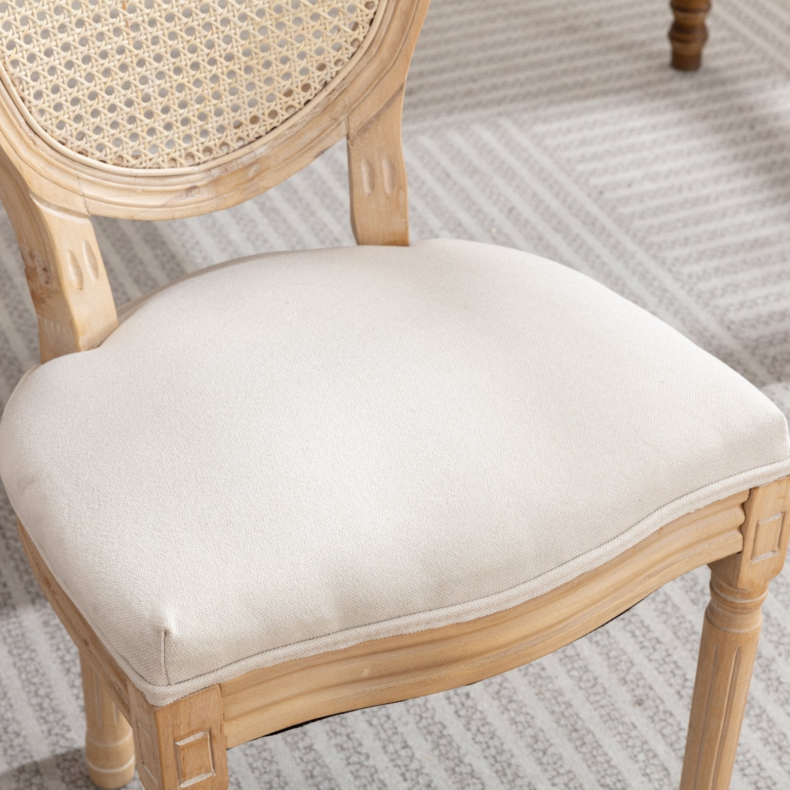 A&A Furniture,French Style Solid Wood Frame Antique Painting Linen Fabric Rattan Back Dining Chair,Set of 2,Cream,Beige image 9