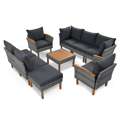 <Old SKU: FF201208AAE> 9-Piece Patio Rattan Furniture Set, Outdoor Conversation Set With Acacia Wood Legs and Tabletop, PE Rattan Sectional Sofa Set with Coffee Table, Washable Cushion, Gray image 7