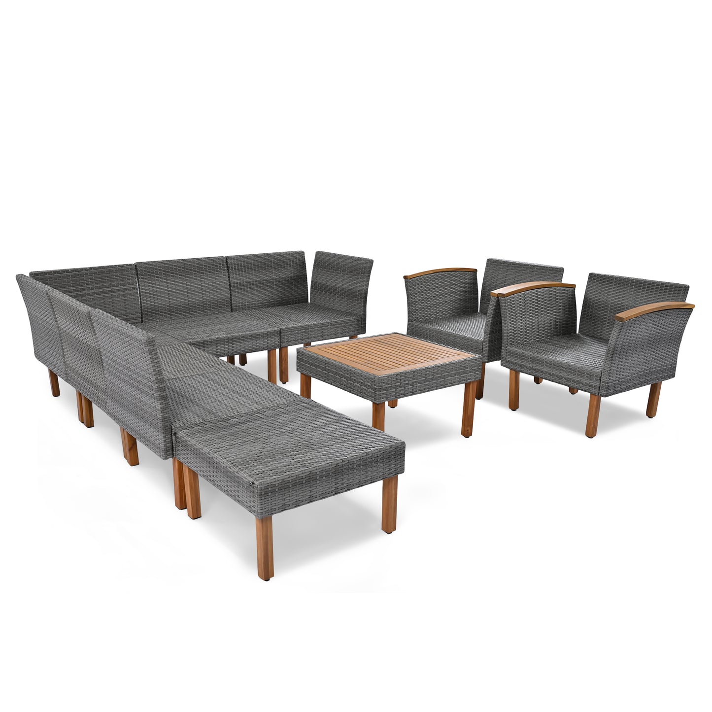 <Old SKU: FF201208AAE> 9-Piece Patio Rattan Furniture Set, Outdoor Conversation Set With Acacia Wood Legs and Tabletop, PE Rattan Sectional Sofa Set with Coffee Table, Washable Cushion, Gray image 8