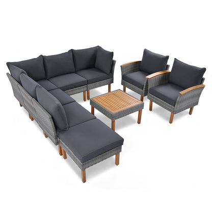 <Old SKU: FF201208AAE> 9-Piece Patio Rattan Furniture Set, Outdoor Conversation Set With Acacia Wood Legs and Tabletop, PE Rattan Sectional Sofa Set with Coffee Table, Washable Cushion, Gray image 4