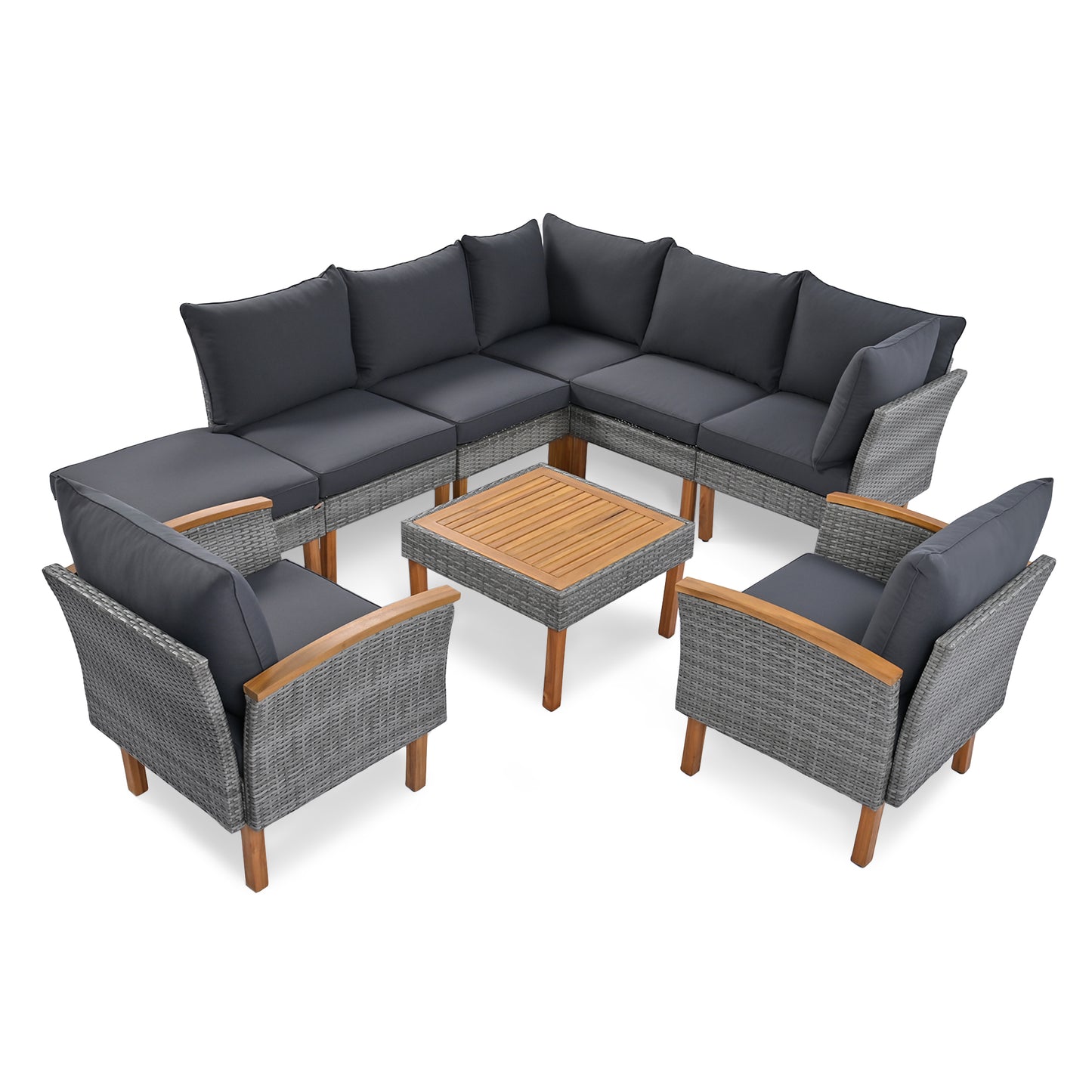 <Old SKU: FF201208AAE> 9-Piece Patio Rattan Furniture Set, Outdoor Conversation Set With Acacia Wood Legs and Tabletop, PE Rattan Sectional Sofa Set with Coffee Table, Washable Cushion, Gray image 6