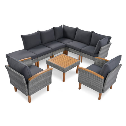 <Old SKU: FF201208AAE> 9-Piece Patio Rattan Furniture Set, Outdoor Conversation Set With Acacia Wood Legs and Tabletop, PE Rattan Sectional Sofa Set with Coffee Table, Washable Cushion, Gray image 6