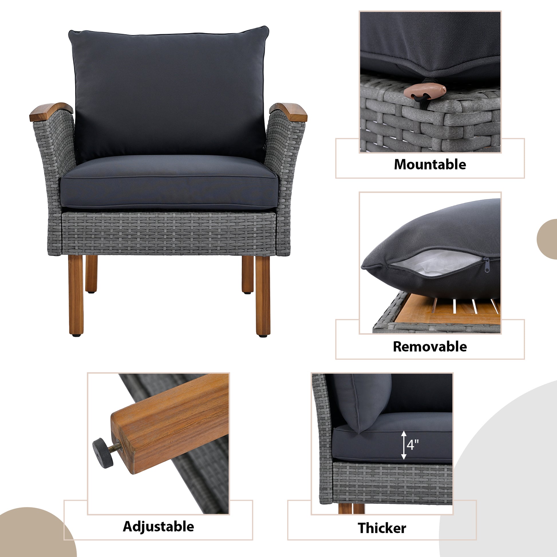 <Old SKU: FF201208AAE> 9-Piece Patio Rattan Furniture Set, Outdoor Conversation Set With Acacia Wood Legs and Tabletop, PE Rattan Sectional Sofa Set with Coffee Table, Washable Cushion, Gray image 3