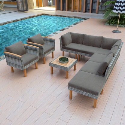 <Old SKU: FF201208AAE> 9-Piece Patio Rattan Furniture Set, Outdoor Conversation Set With Acacia Wood Legs and Tabletop, PE Rattan Sectional Sofa Set with Coffee Table, Washable Cushion, Gray image 1