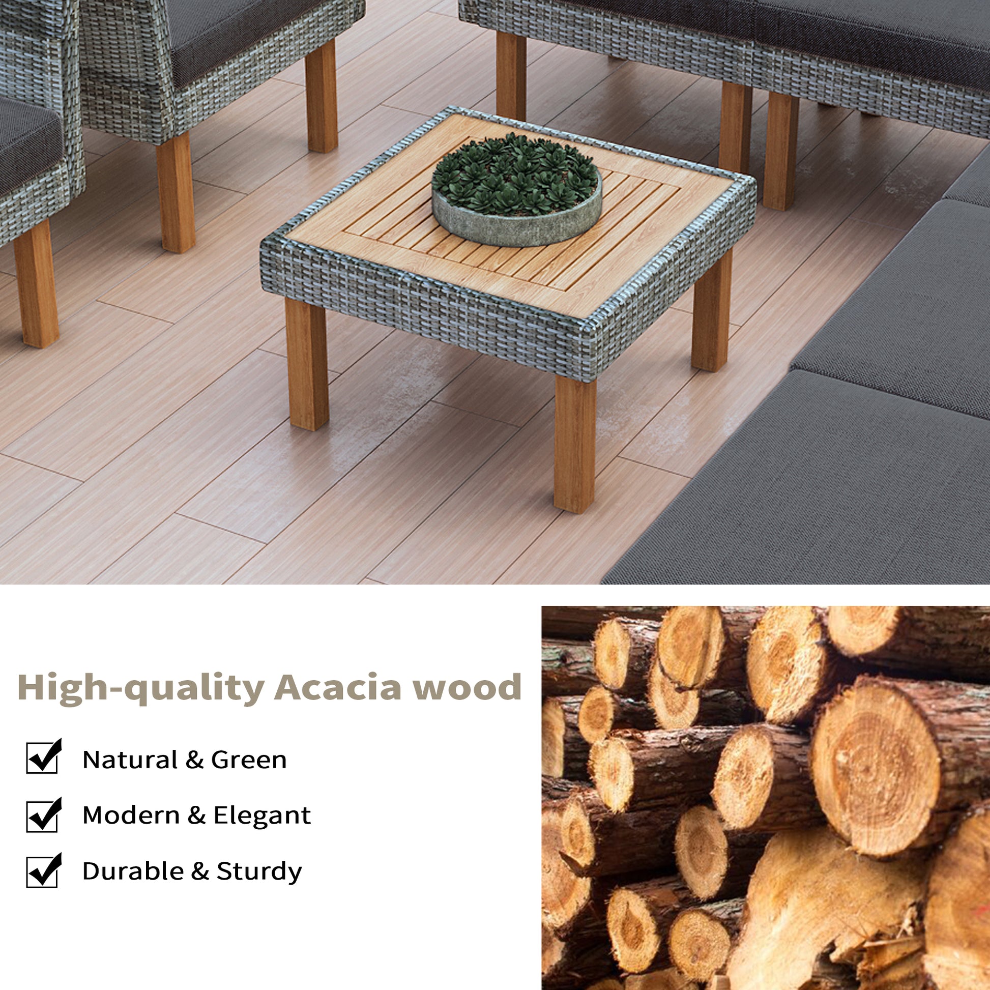 <Old SKU: FF201208AAE> 9-Piece Patio Rattan Furniture Set, Outdoor Conversation Set With Acacia Wood Legs and Tabletop, PE Rattan Sectional Sofa Set with Coffee Table, Washable Cushion, Gray image 2
