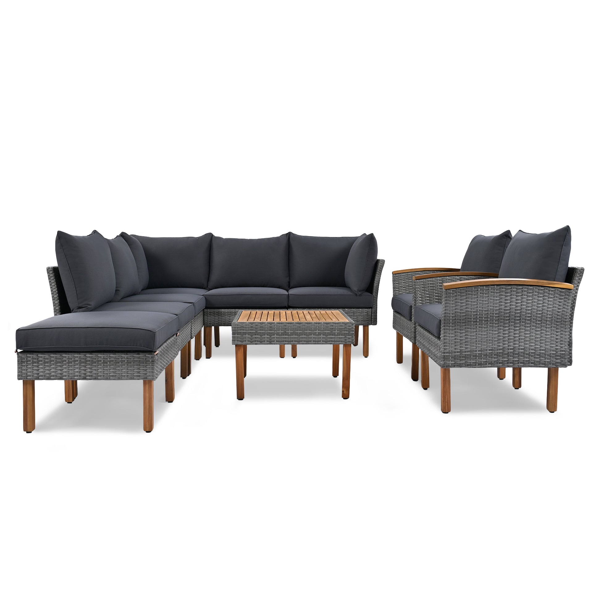 <Old SKU: FF201208AAE> 9-Piece Patio Rattan Furniture Set, Outdoor Conversation Set With Acacia Wood Legs and Tabletop, PE Rattan Sectional Sofa Set with Coffee Table, Washable Cushion, Gray image 5