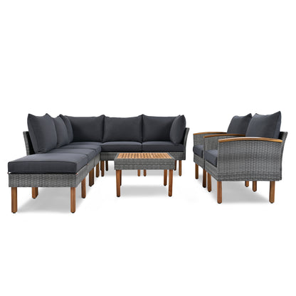 <Old SKU: FF201208AAE> 9-Piece Patio Rattan Furniture Set, Outdoor Conversation Set With Acacia Wood Legs and Tabletop, PE Rattan Sectional Sofa Set with Coffee Table, Washable Cushion, Gray image 5