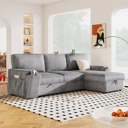 U_STYLE Upholstery Sleeper Sectional Sofa with Storage Bags and 2 cup holders on Arms image 1