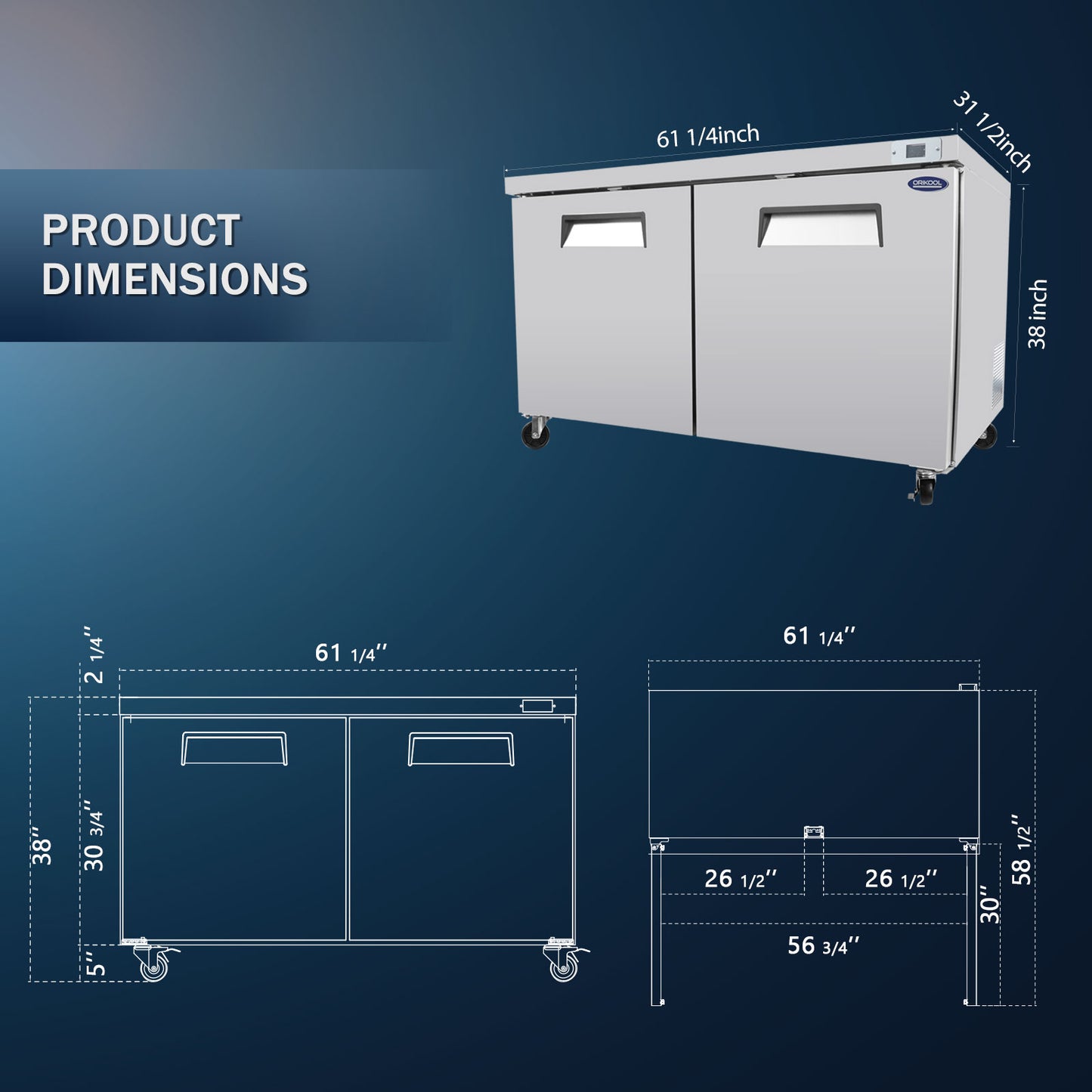 ORIKOOL 60" Commercial Under Counter Freezer 2 Door 18.5 Cu.ft Undercounter Work Top Freezers ETL Approved image 6