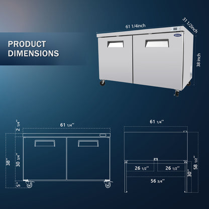 ORIKOOL 60" Commercial Under Counter Freezer 2 Door 18.5 Cu.ft Undercounter Work Top Freezers ETL Approved image 6