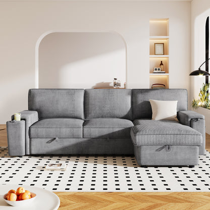 U_STYLE Upholstery Sleeper Sectional Sofa with Storage Bags and 2 cup holders on Arms image 3