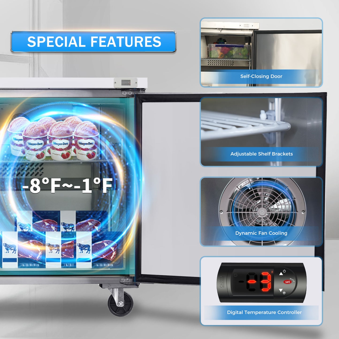 ORIKOOL 60" Commercial Under Counter Freezer 2 Door 18.5 Cu.ft Undercounter Work Top Freezers ETL Approved image 5