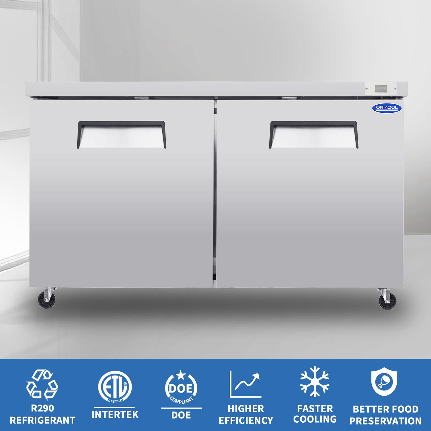 ORIKOOL 60" Commercial Under Counter Freezer 2 Door 18.5 Cu.ft Undercounter Work Top Freezers ETL Approved image 2