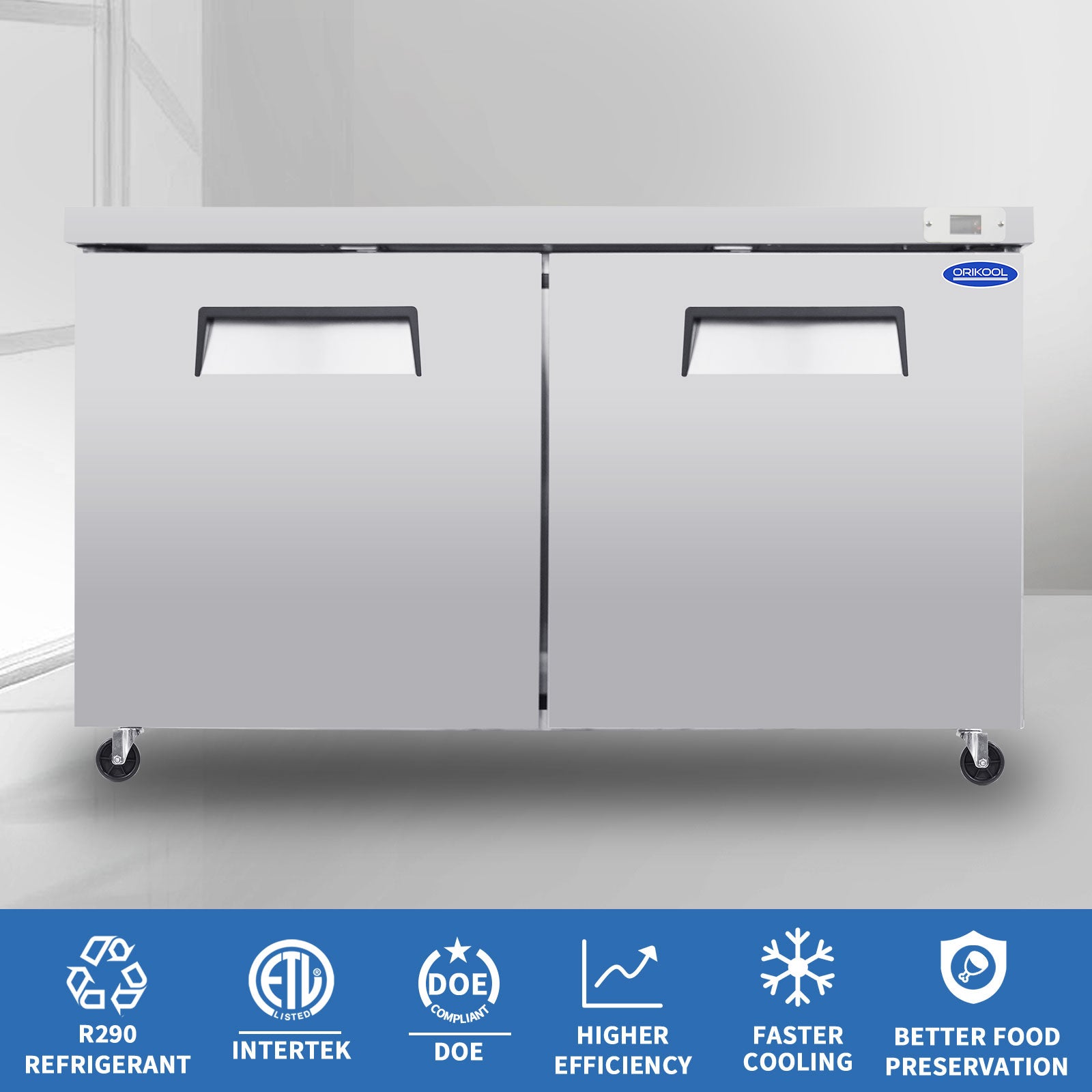 ORIKOOL 60" Commercial Under Counter Freezer 2 Door 18.5 Cu.ft Undercounter Work Top Freezers ETL Approved image 2