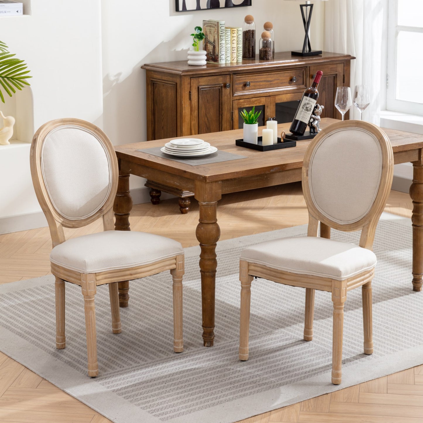 A&A Furniture,French Style Solid Wood Frame Antique Painting Linen Fabric Back Dining Chair,Set of 2,Beige,SW1845BG image 1