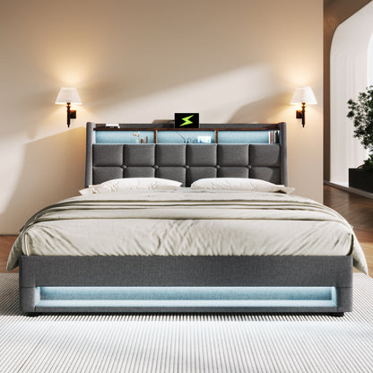 (=AA20690910G) Queen size Upholstered Platform bed with a Hydraulic Storage System, LED and Charging Station, No Box Spring Needed, Easy Assembly, Noise-Free, Grey (without mattress) image 12