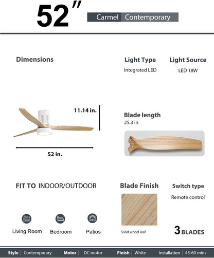 52 Inch Indoor Flush Mount Ceiling Fan with LED Light and Remote Control image 7