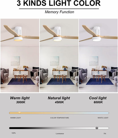 52 Inch Indoor Flush Mount Ceiling Fan with LED Light and Remote Control image 4