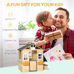 Wooden Playhouse for Kids Outdoor Garden Pretend Play Games, Adventures Cottage, with Working Door, Windows, Bench, Service Station, Flowers Pot Holder, for 3-7 Years Old
