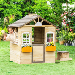 Wooden Playhouse for Kids Outdoor Garden Pretend Play Games, Adventures Cottage, with Working Door, Windows, Bench, Service Station, Flowers Pot Holder, for 3-7 Years Old