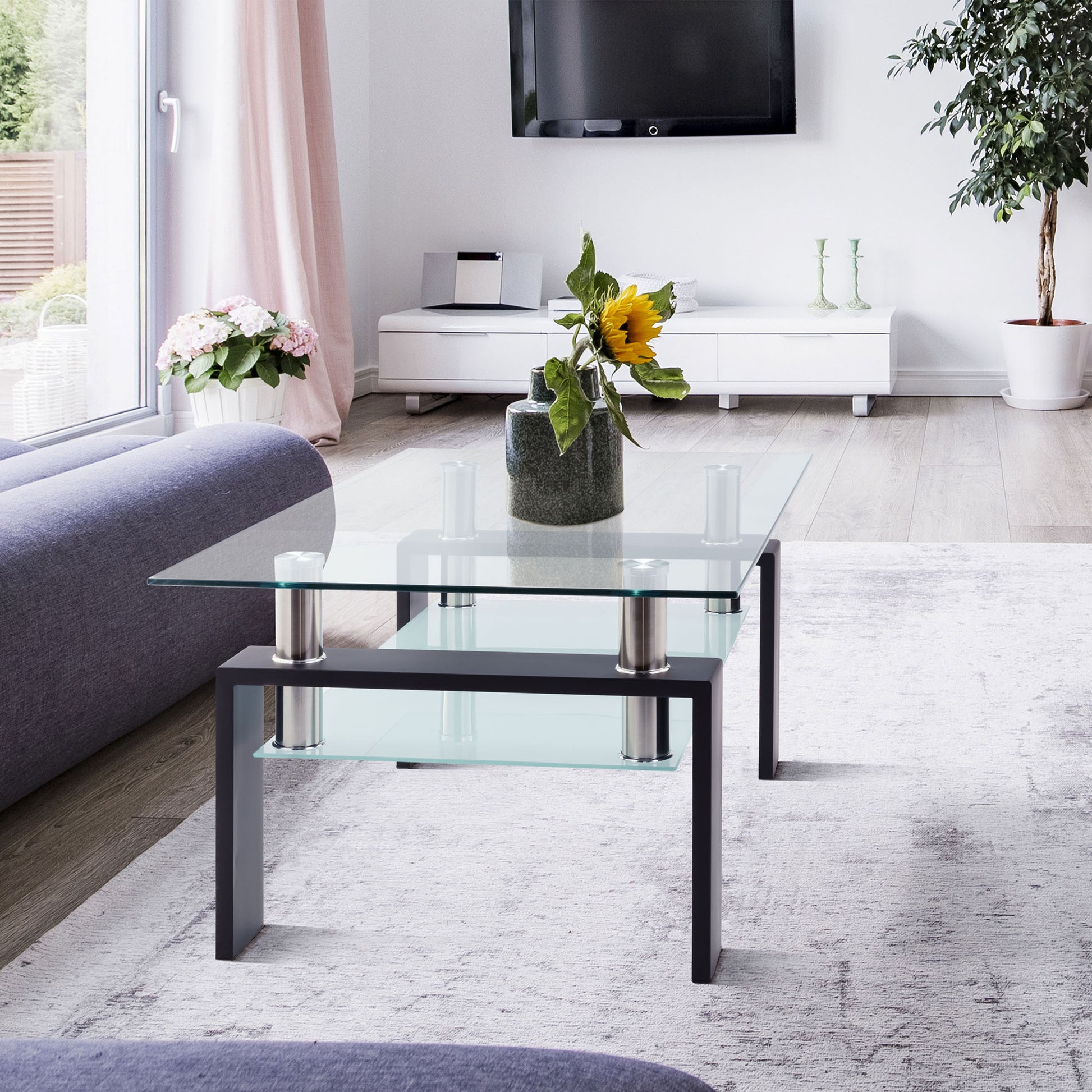 Rectangle Glass Coffee Table, Clear Coffee Table, Modern Side Center Tables for Living Room, Living Room Furniture (Old Sku:W24135188) image 2