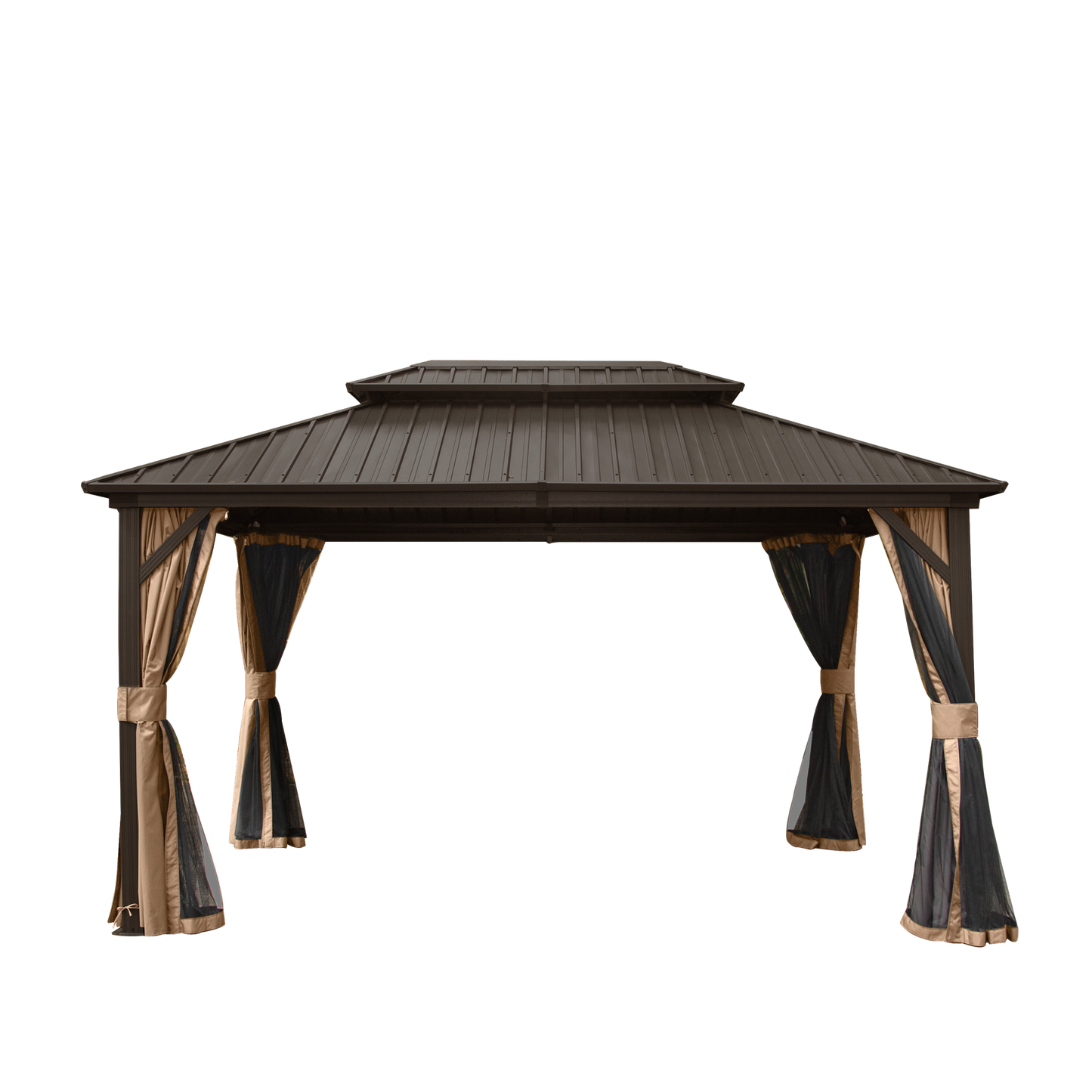10' x 12' Hardtop Gazebo Permanent Metal Gazebo with Galvanized Steel Double Roof, Curtains and Netting for Party, Wedding, Outdoor Dining, Patio, Backyard, Brown image 1
