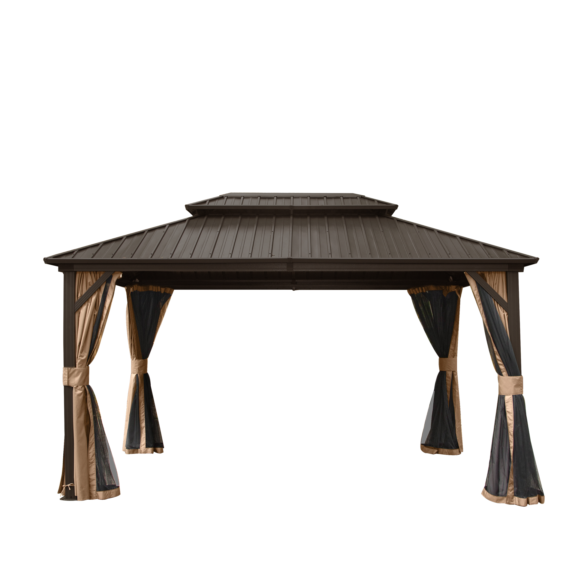 10' x 12' Hardtop Gazebo Permanent Metal Gazebo with Galvanized Steel Double Roof, Curtains and Netting for Party, Wedding, Outdoor Dining, Patio, Backyard, Brown image 1