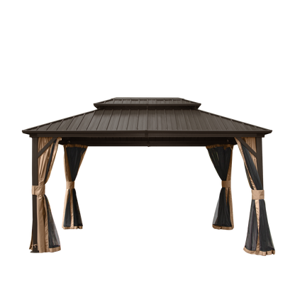 10' x 12' Hardtop Gazebo Permanent Metal Gazebo with Galvanized Steel Double Roof, Curtains and Netting for Party, Wedding, Outdoor Dining, Patio, Backyard, Brown image 1