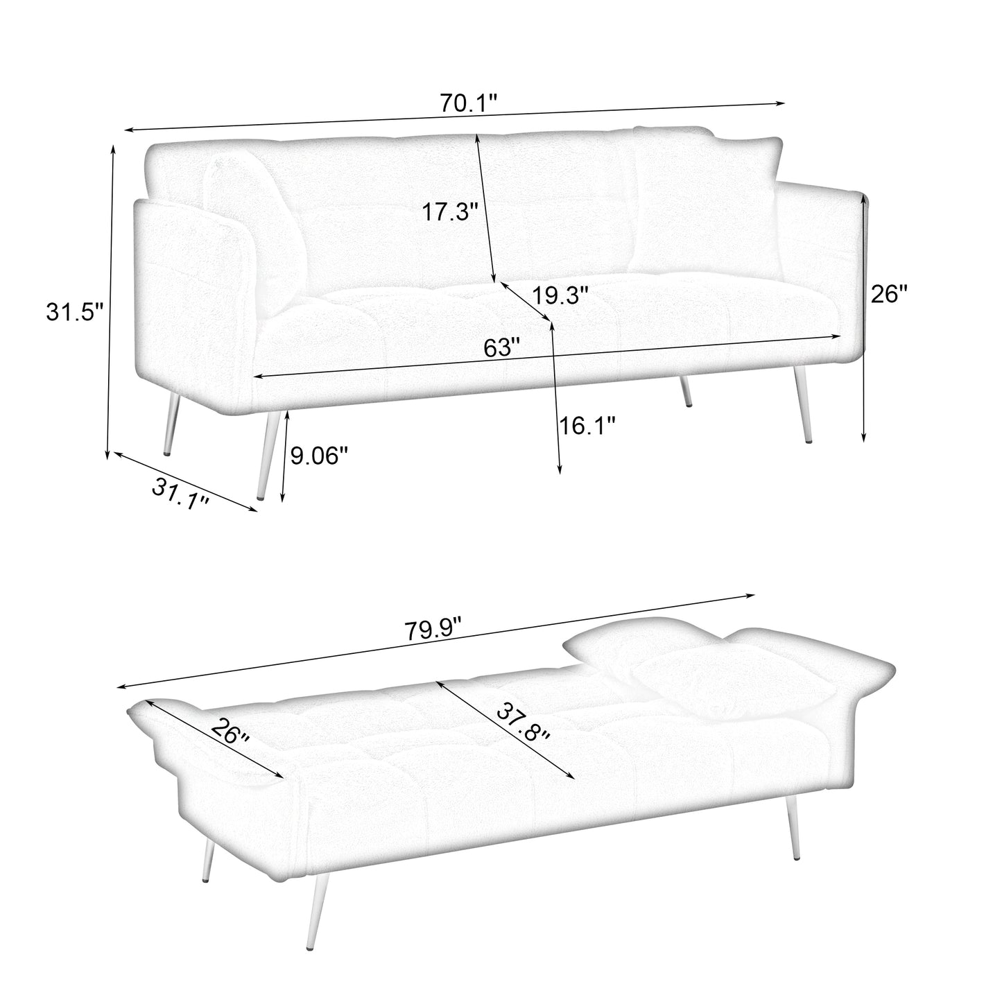 70-inch teddy fleece sofabed, convertible futon sofabed with adjustable arms and backrest, modern love sofa for living room and bedroom. image 11