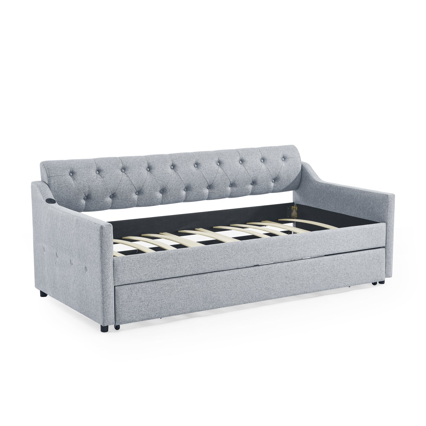 Twin Size Upholstery DayBed with Twin Size Erectable Trundle and USB Charging Design, Linen Grey image 9