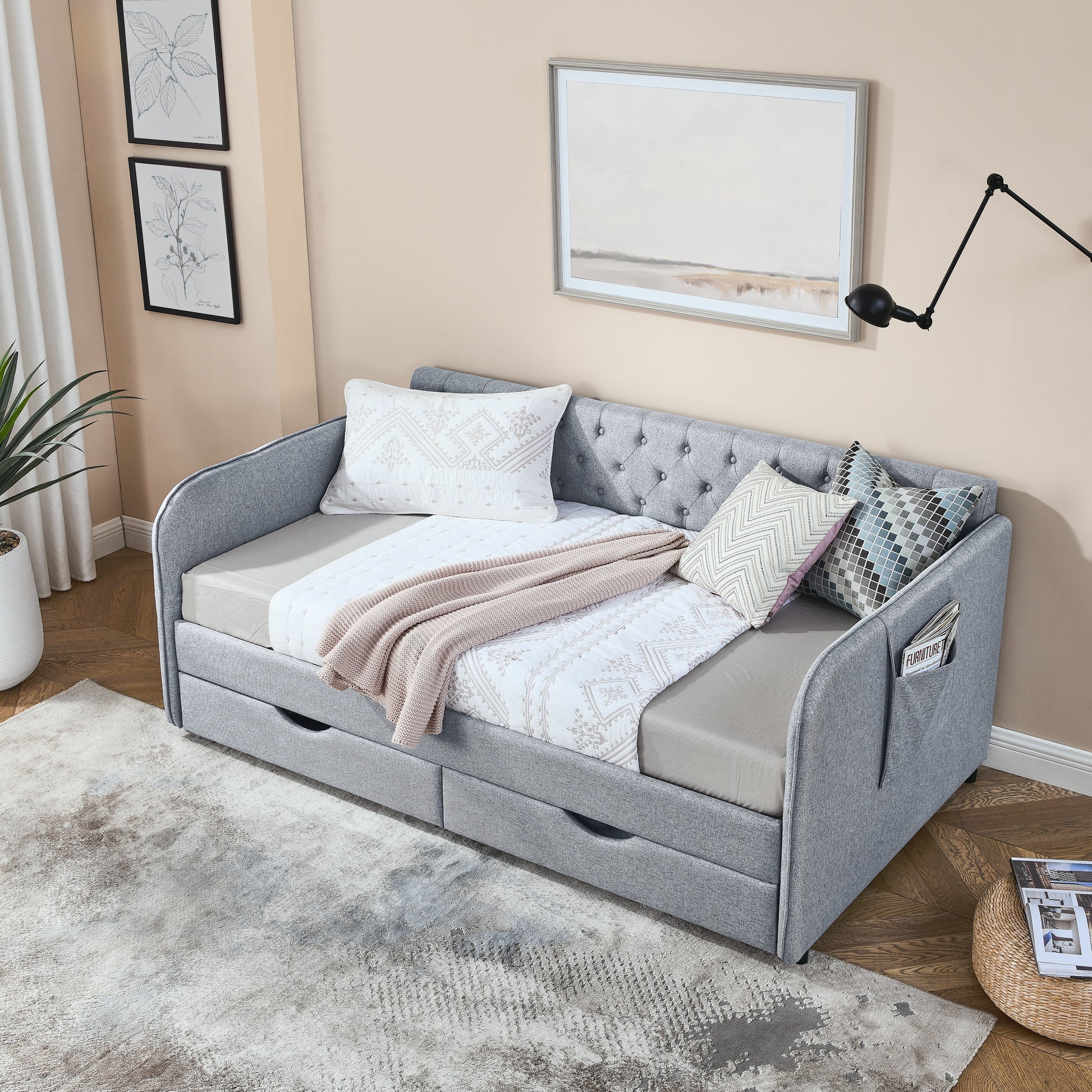 Twin Size Upholstery Daybed with Trundle Bed and Two Storage Drawers, Flat Arms with Pocket, Extendable Daybed for Bedroom Living Room,Linen Grey image 4
