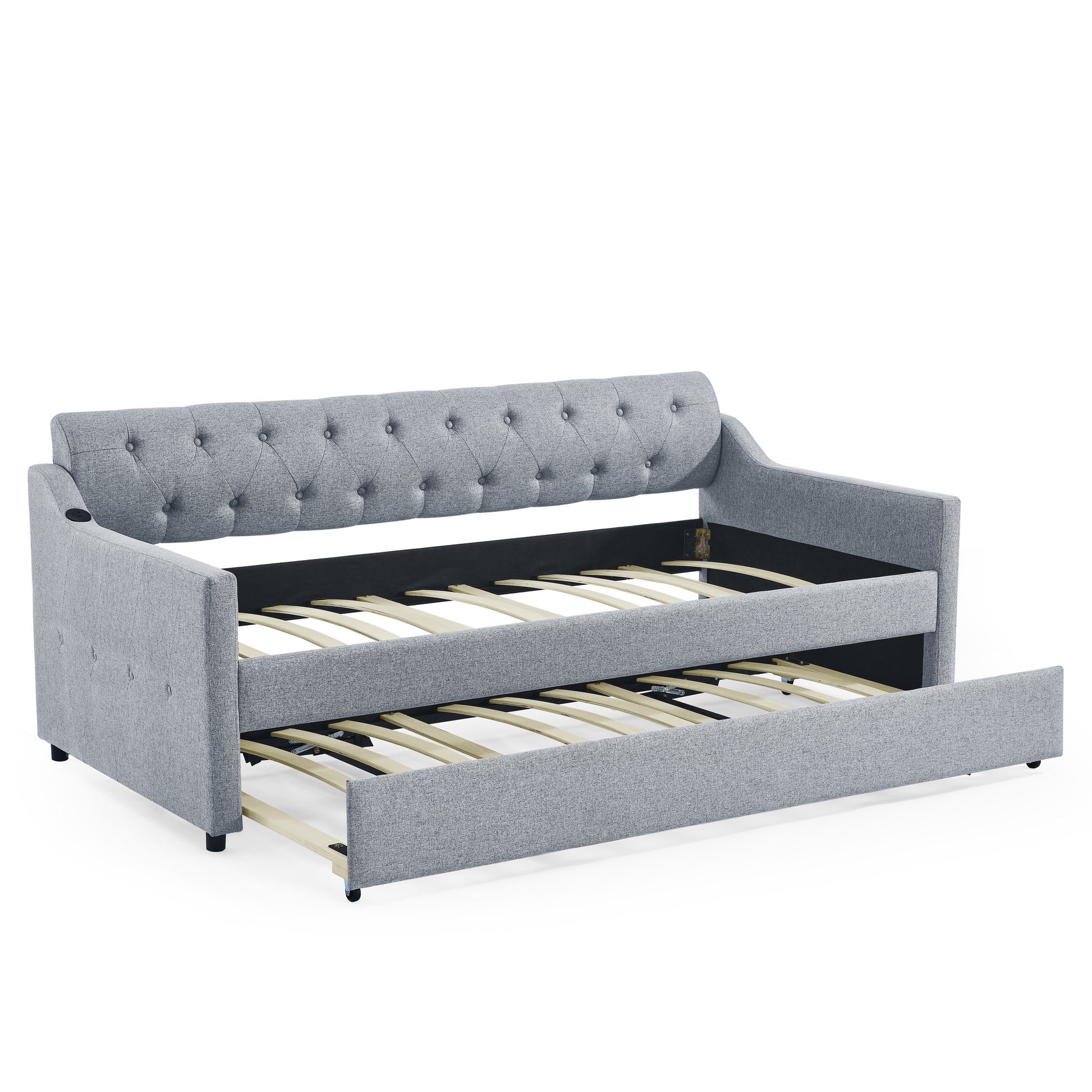 Twin Size Upholstery DayBed with Twin Size Erectable Trundle and USB Charging Design, Linen Grey image 10