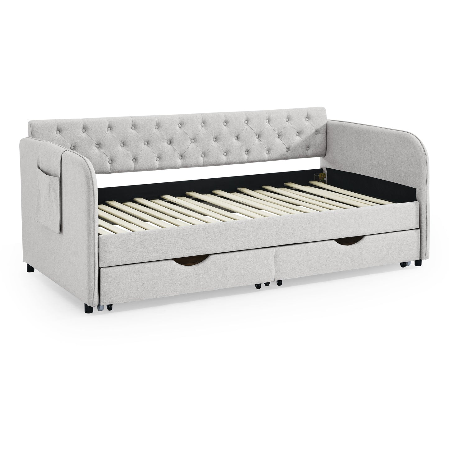 Twin Size Upholstery Daybed with Trundle Bed and Two Storage Drawers, Flat Arms with Pocket, Extendable Daybed for Bedroom Living Room,Linen Beige image 11