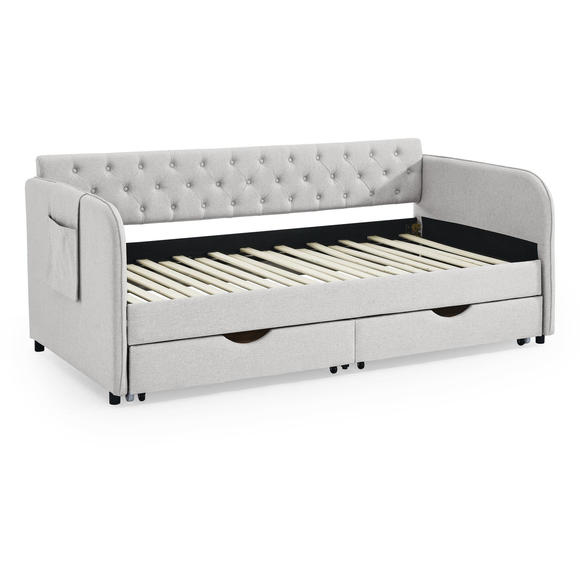 Twin Size Upholstery Daybed with Trundle Bed and Two Storage Drawers, Flat Arms with Pocket, Extendable Daybed for Bedroom Living Room,Linen Beige image 11