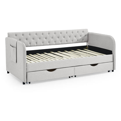 Twin Size Upholstery Daybed with Trundle Bed and Two Storage Drawers, Flat Arms with Pocket, Extendable Daybed for Bedroom Living Room,Linen Beige image 11
