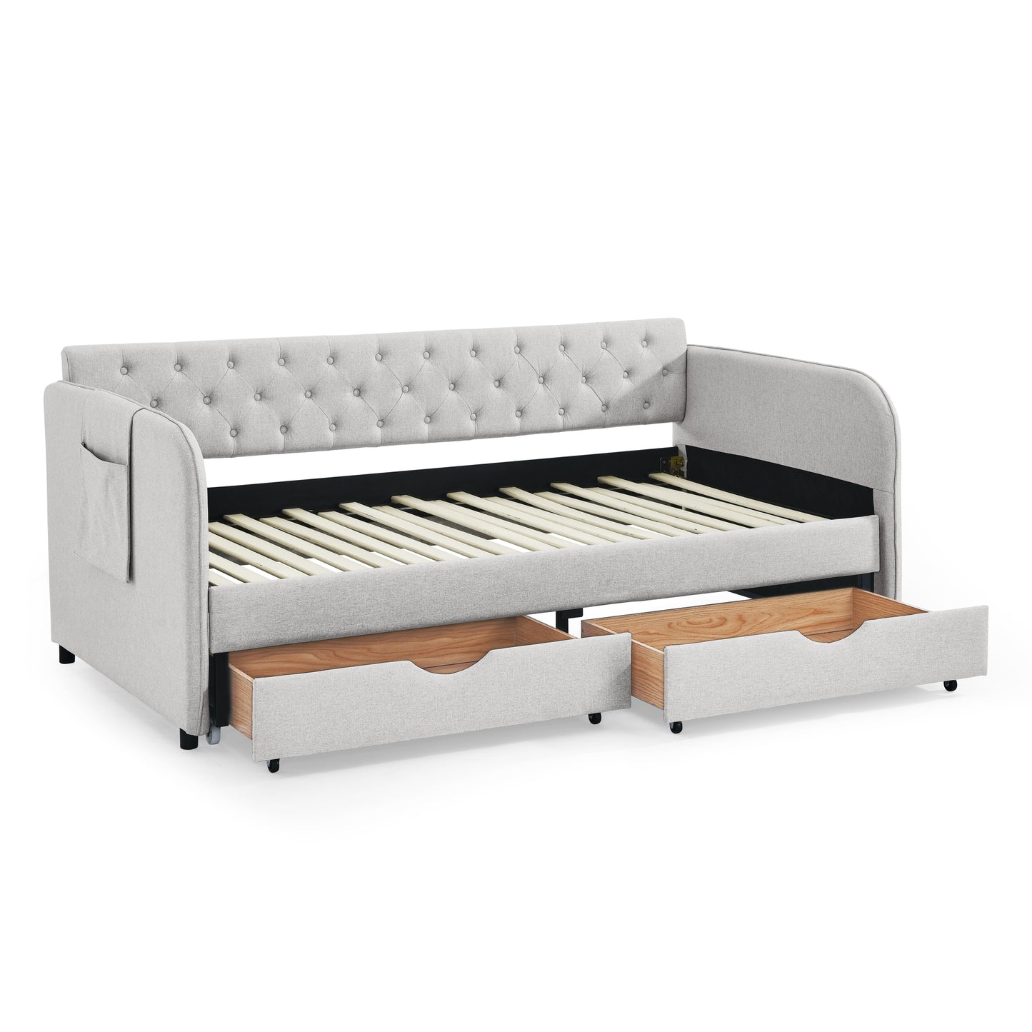 Twin Size Upholstery Daybed with Trundle Bed and Two Storage Drawers, Flat Arms with Pocket, Extendable Daybed for Bedroom Living Room,Linen Beige image 10