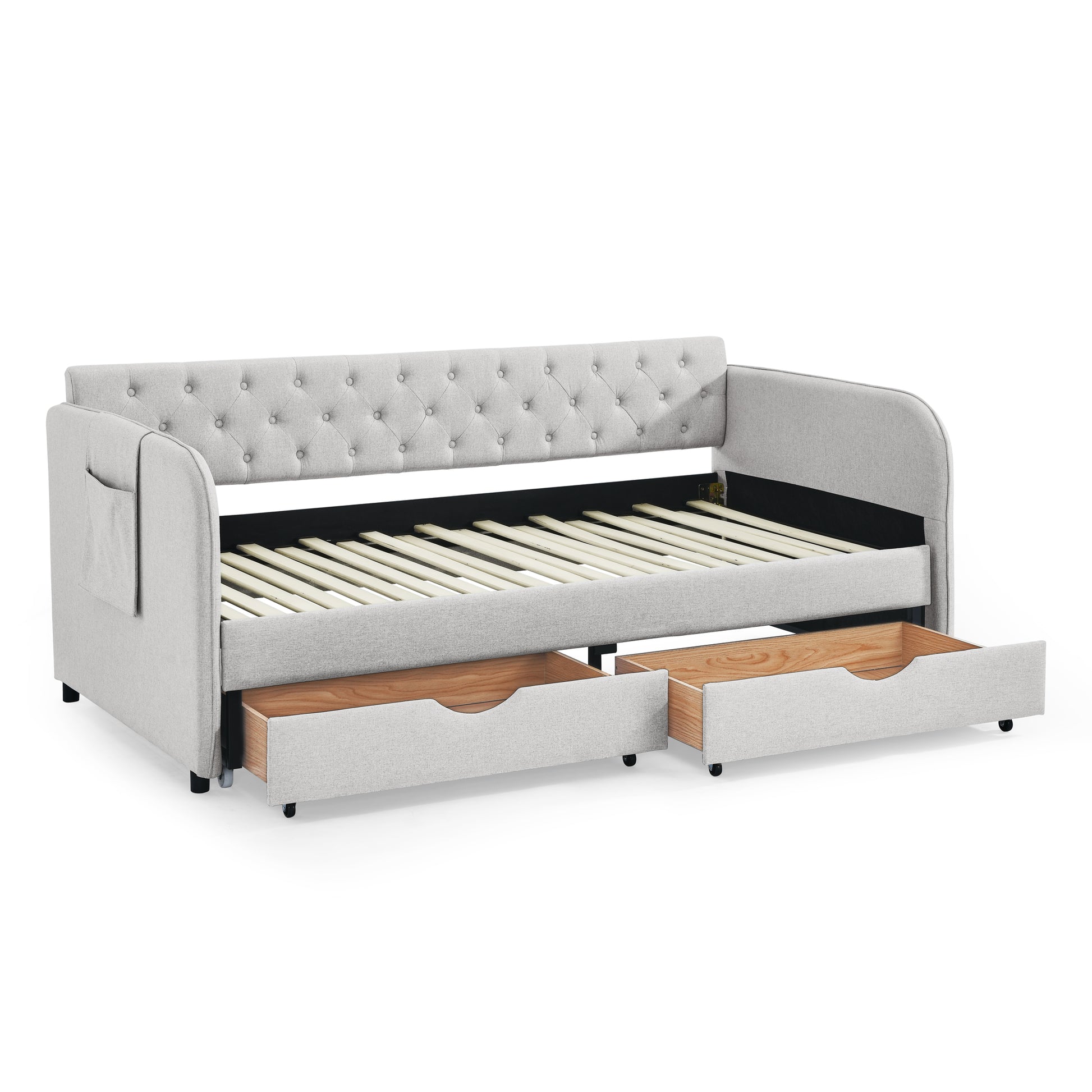 Twin Size Upholstery Daybed with Trundle Bed and Two Storage Drawers, Flat Arms with Pocket, Extendable Daybed for Bedroom Living Room,Linen Beige image 10