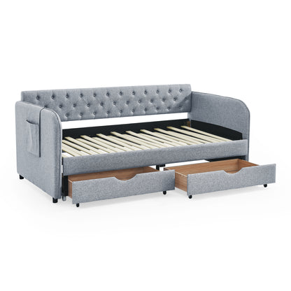 Twin Size Upholstery Daybed with Trundle Bed and Two Storage Drawers, Flat Arms with Pocket, Extendable Daybed for Bedroom Living Room,Linen Grey image 8