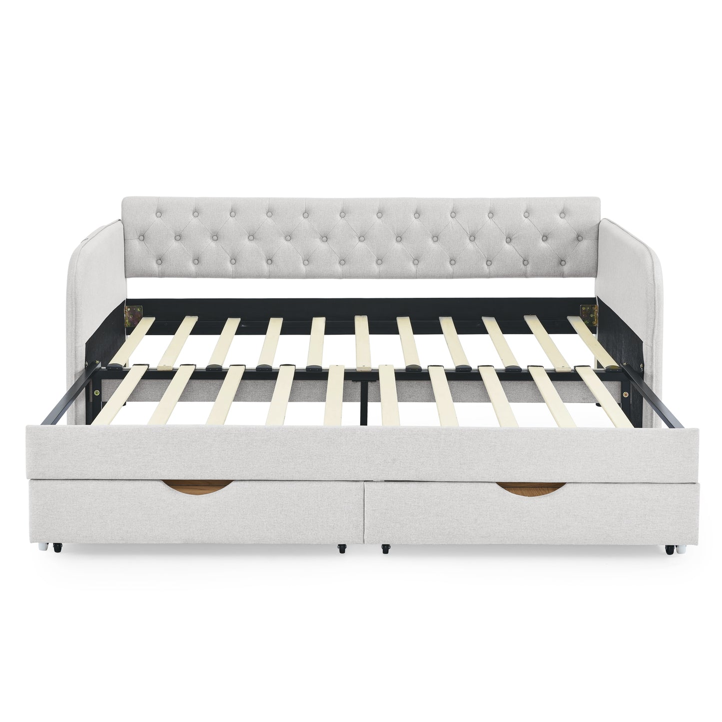 Twin Size Upholstery Daybed with Trundle Bed and Two Storage Drawers, Flat Arms with Pocket, Extendable Daybed for Bedroom Living Room,Linen Beige image 7