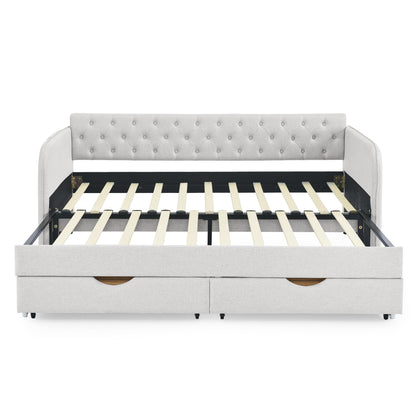 Twin Size Upholstery Daybed with Trundle Bed and Two Storage Drawers, Flat Arms with Pocket, Extendable Daybed for Bedroom Living Room,Linen Beige image 7